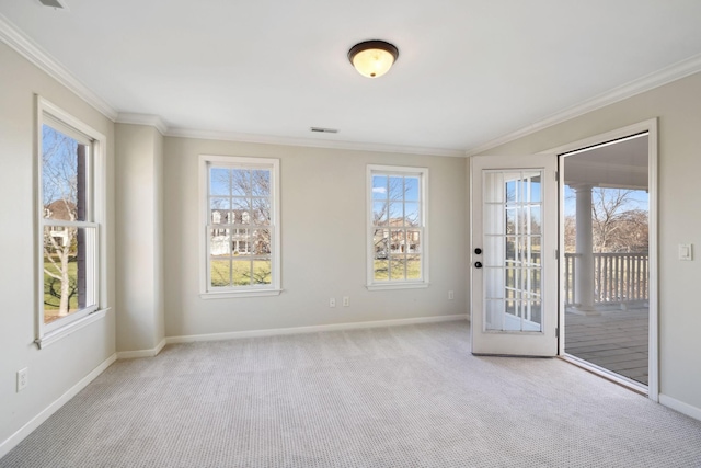 carpeted empty room with ornamental molding