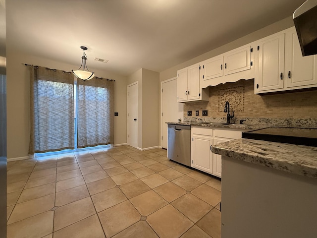 kitchen featuring pendant lighting, stainless steel dishwasher, white cabinetry, and light tile patterned floors