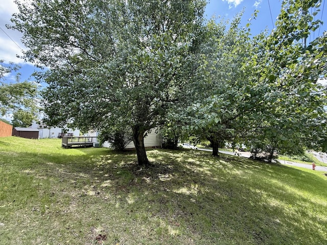 view of green lawn featuring a wooden deck
