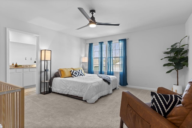 bedroom featuring light colored carpet and ceiling fan