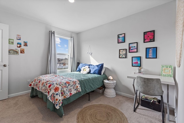 bedroom with light colored carpet