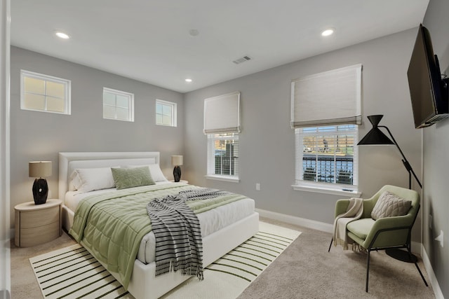 carpeted bedroom with multiple windows