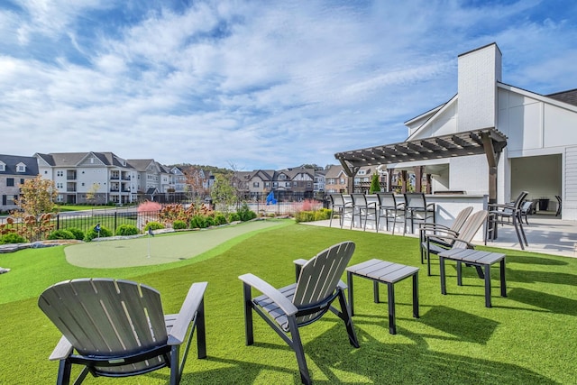 view of home's community with a yard, exterior bar, and a pergola