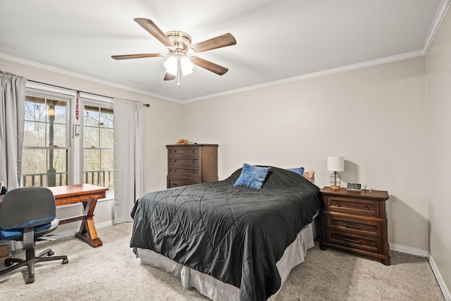 bedroom with light carpet, crown molding, and ceiling fan