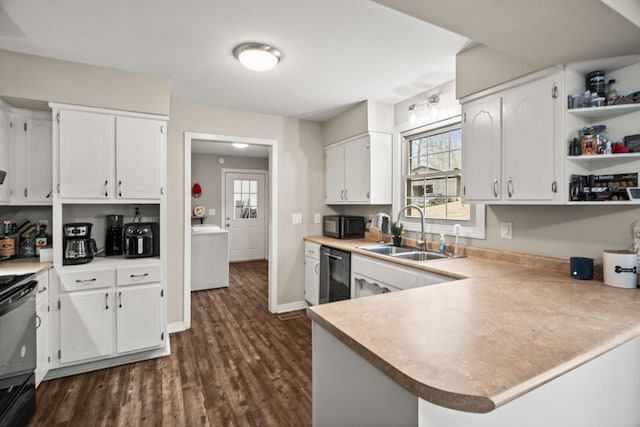 kitchen featuring dark hardwood / wood-style floors, kitchen peninsula, white cabinetry, sink, and black appliances