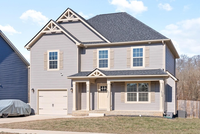 view of front of property featuring a garage, central AC unit, covered porch, and a front lawn