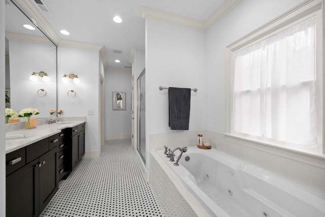 bathroom featuring independent shower and bath, vanity, and crown molding