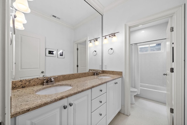 full bathroom with ornamental molding, toilet, tile patterned floors, and vanity