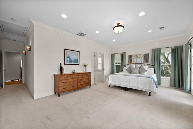 bedroom with crown molding and light carpet