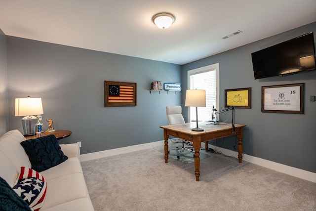 home office with light colored carpet