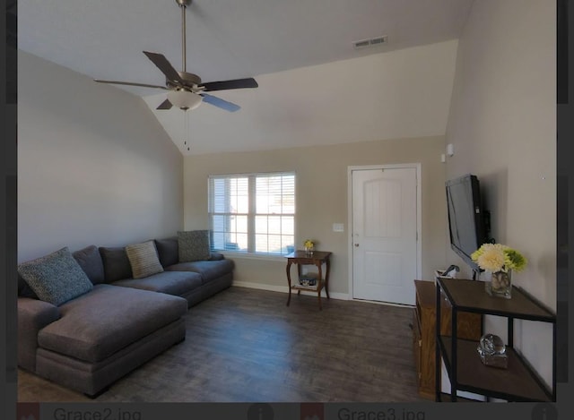 living room with dark wood-type flooring, ceiling fan, and lofted ceiling