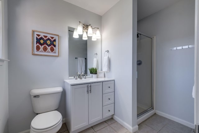 bathroom with walk in shower, tile patterned floors, toilet, and vanity