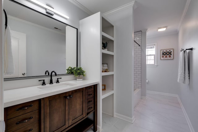 bathroom featuring shower / bathing tub combination, vanity, and ornamental molding