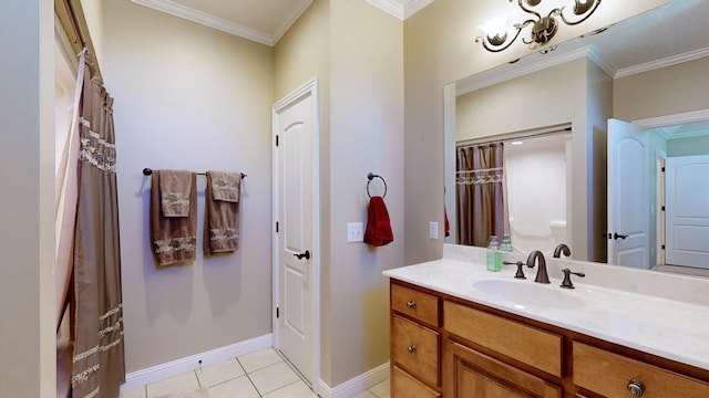 bathroom with crown molding, tile patterned floors, and vanity