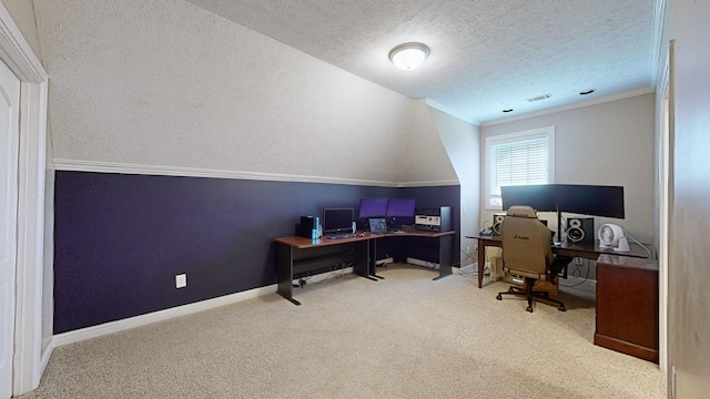 office space featuring crown molding, vaulted ceiling, a textured ceiling, and carpet flooring