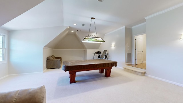 game room with pool table, ornamental molding, light carpet, and lofted ceiling