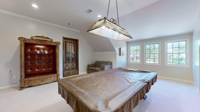 playroom with billiards, ornamental molding, and light carpet