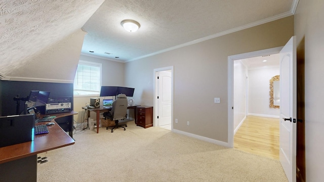 office area featuring crown molding, light carpet, and a textured ceiling