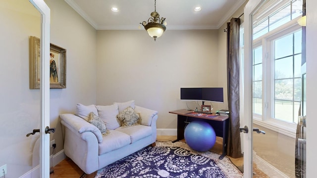 living area featuring french doors, plenty of natural light, and hardwood / wood-style flooring