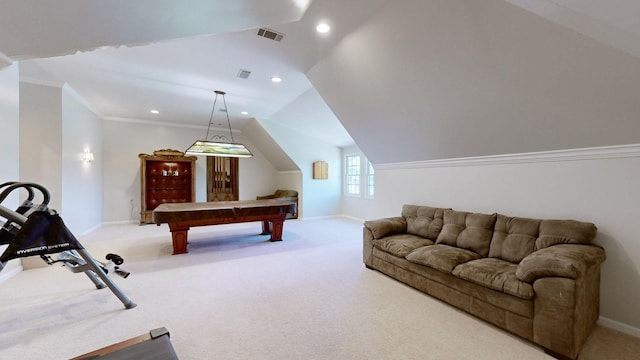 playroom with crown molding, pool table, vaulted ceiling, and carpet