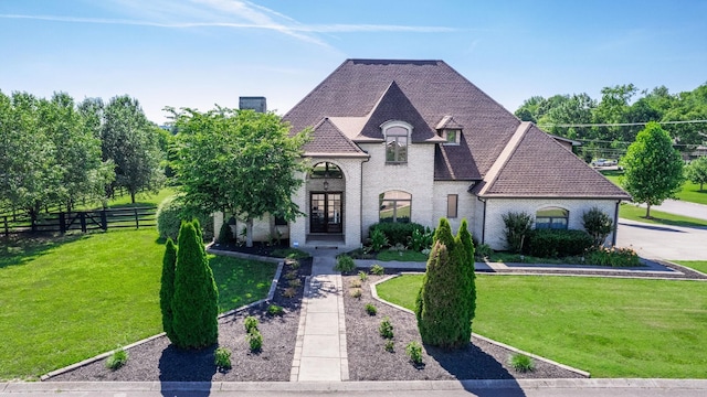 french country inspired facade with a front yard