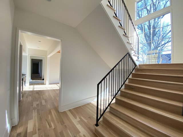 stairway with hardwood / wood-style flooring