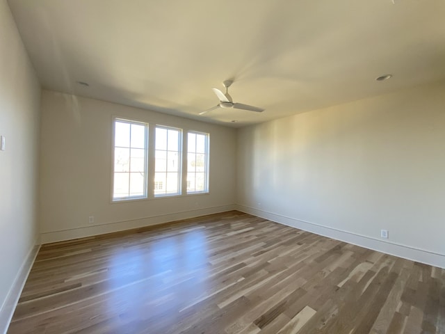 spare room featuring wood-type flooring and ceiling fan