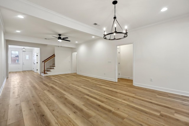 unfurnished living room with crown molding, ceiling fan with notable chandelier, and light hardwood / wood-style floors