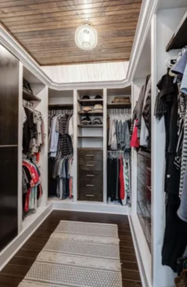 walk in closet with a tray ceiling and wood finished floors