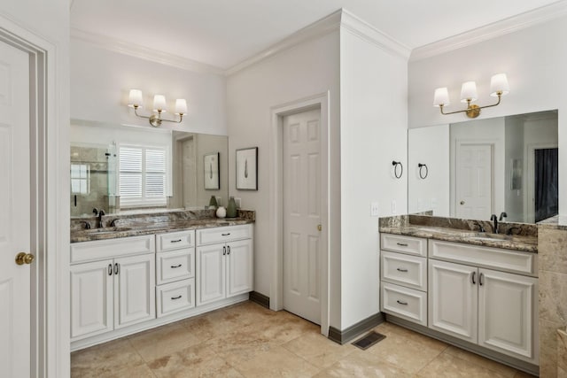 bathroom featuring vanity, crown molding, and a shower with door