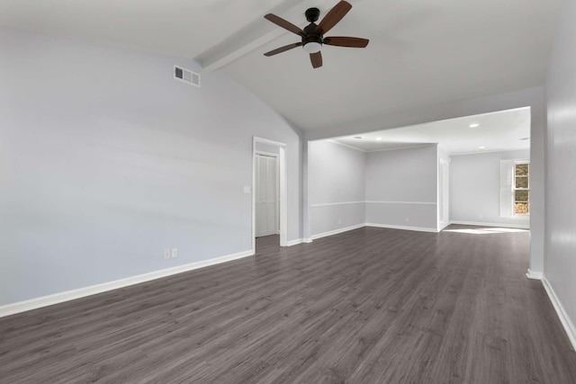 empty room featuring a ceiling fan, baseboards, visible vents, beam ceiling, and dark wood-style flooring