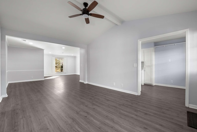 unfurnished living room with lofted ceiling with beams, visible vents, baseboards, and dark wood-type flooring