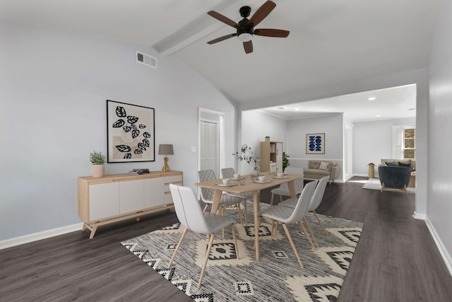 dining room featuring visible vents, beam ceiling, baseboards, and dark wood-style floors