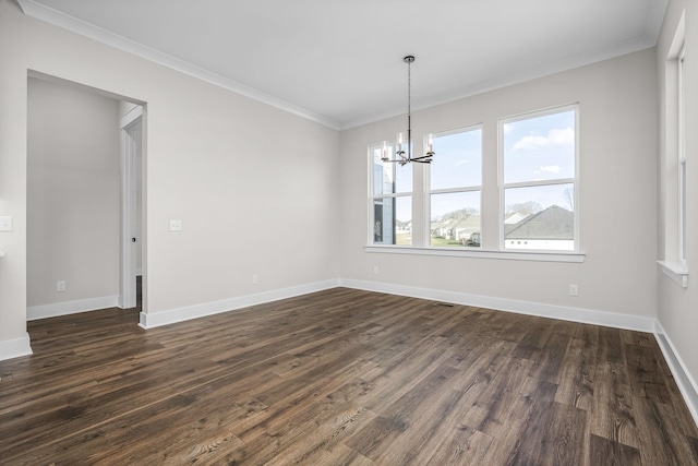 unfurnished dining area featuring crown molding, dark hardwood / wood-style floors, and a notable chandelier