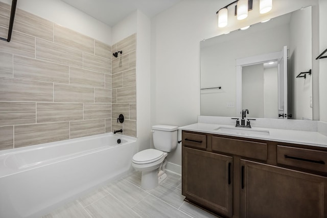 full bathroom with tiled shower / bath combo, vanity, and toilet