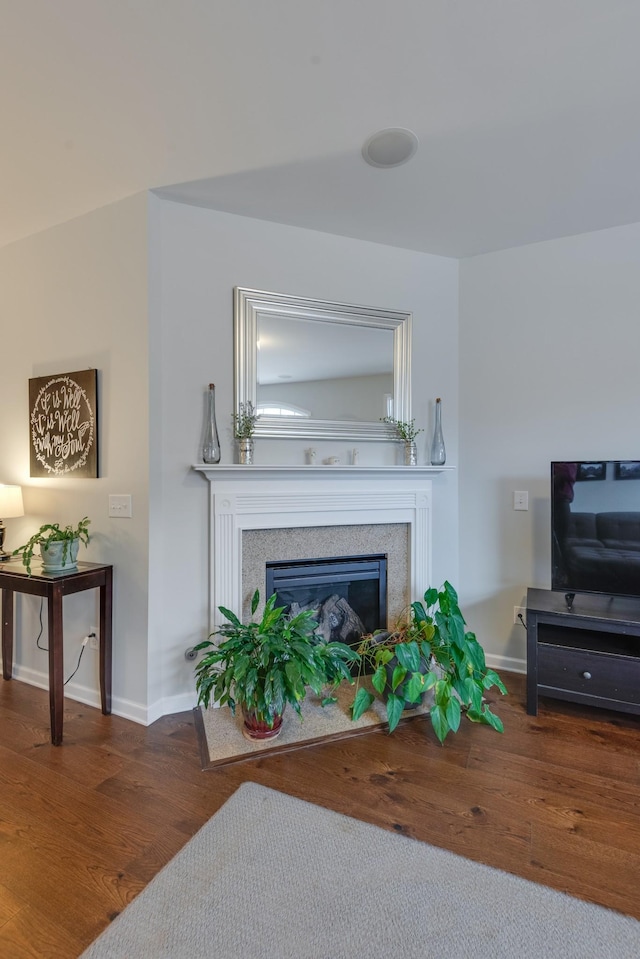 living room with wood finished floors, a glass covered fireplace, and baseboards