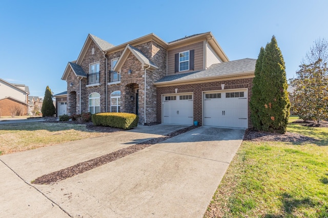 view of front facade featuring stone siding, a front yard, concrete driveway, and brick siding