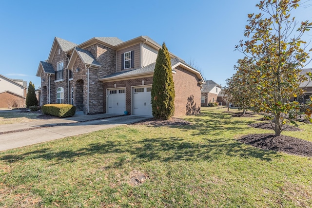 view of front of home featuring concrete driveway, brick siding, a front yard, and stone siding