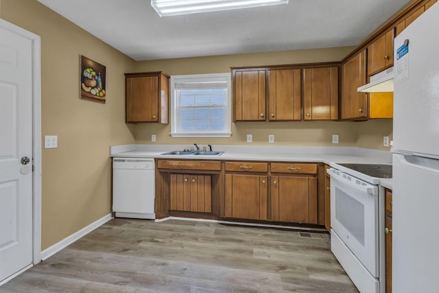 kitchen with sink, white appliances, and light hardwood / wood-style flooring