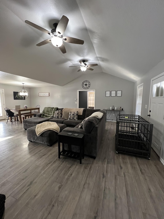 living room featuring lofted ceiling and dark wood-type flooring