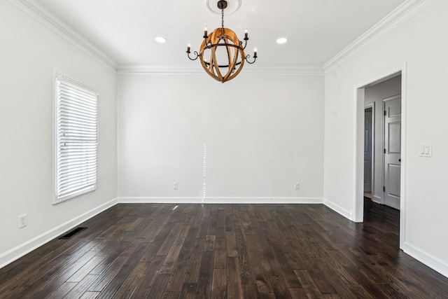 unfurnished room featuring dark hardwood / wood-style flooring, a notable chandelier, and ornamental molding