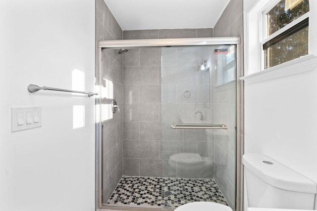 bathroom with toilet and an enclosed shower