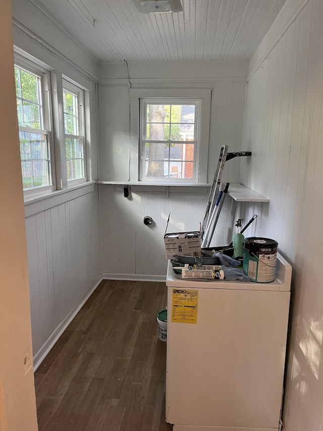 clothes washing area with dark hardwood / wood-style floors and wood walls