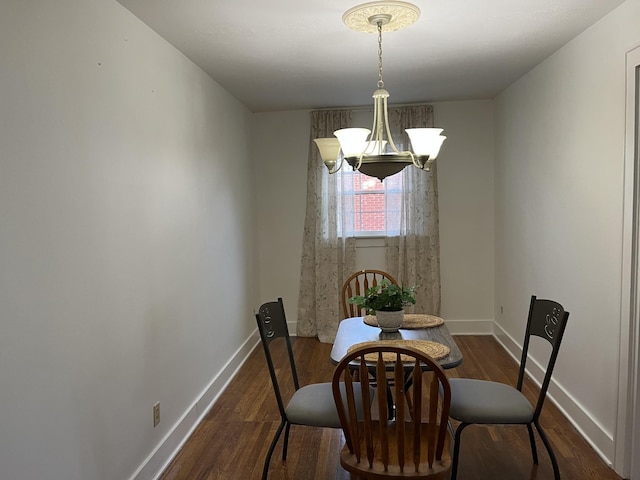 dining room with a notable chandelier and dark hardwood / wood-style flooring