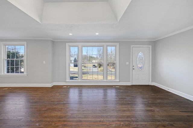 entryway featuring a tray ceiling, ornamental molding, dark hardwood / wood-style floors, and a healthy amount of sunlight