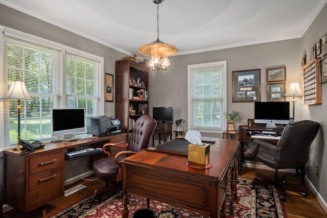 office area with dark hardwood / wood-style flooring, a notable chandelier, and crown molding