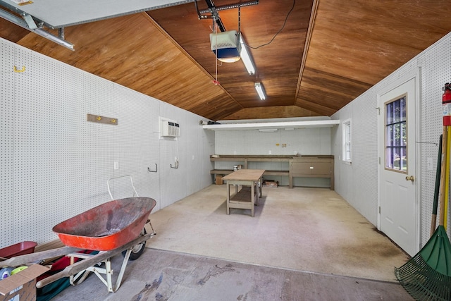 interior space with wood ceiling, lofted ceiling, and an AC wall unit