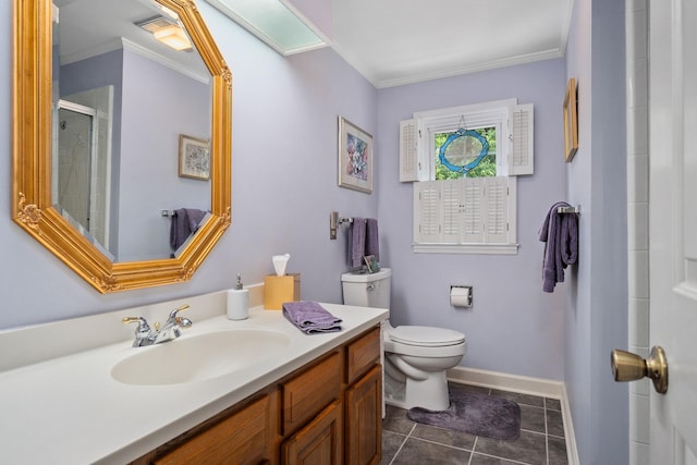 bathroom with crown molding, an enclosed shower, vanity, tile patterned floors, and toilet