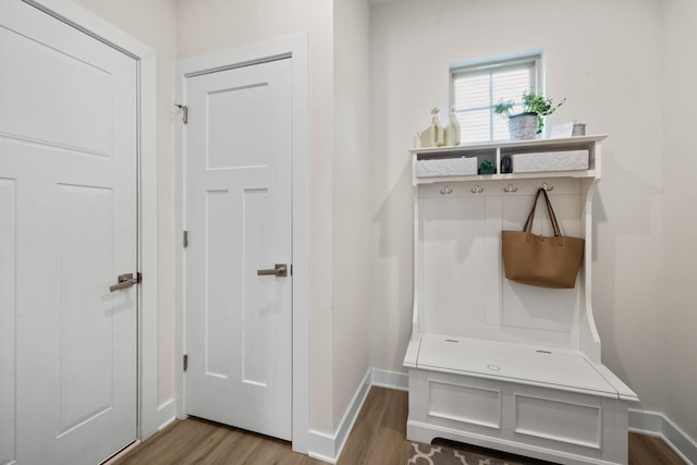 mudroom with hardwood / wood-style flooring