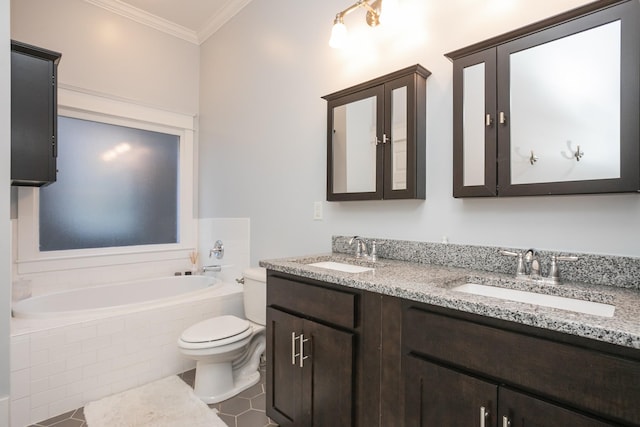 bathroom featuring tile patterned floors, ornamental molding, vanity, and tiled tub